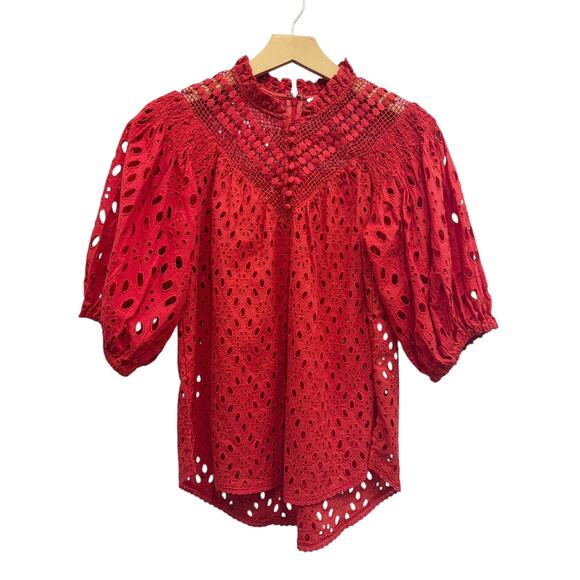 Allsaints Short Puff Sleeves Tila Eyelet Top in Red size US 2 - Picture 2 of 5